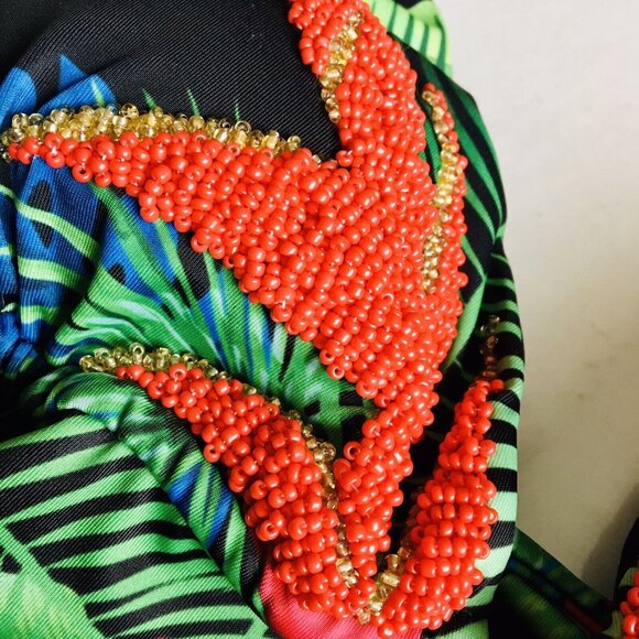 Caceline Two Piece Beaded Bathing Suit Tropical Bikini Peplum‎ Top Size Large - Picture 3 of 9